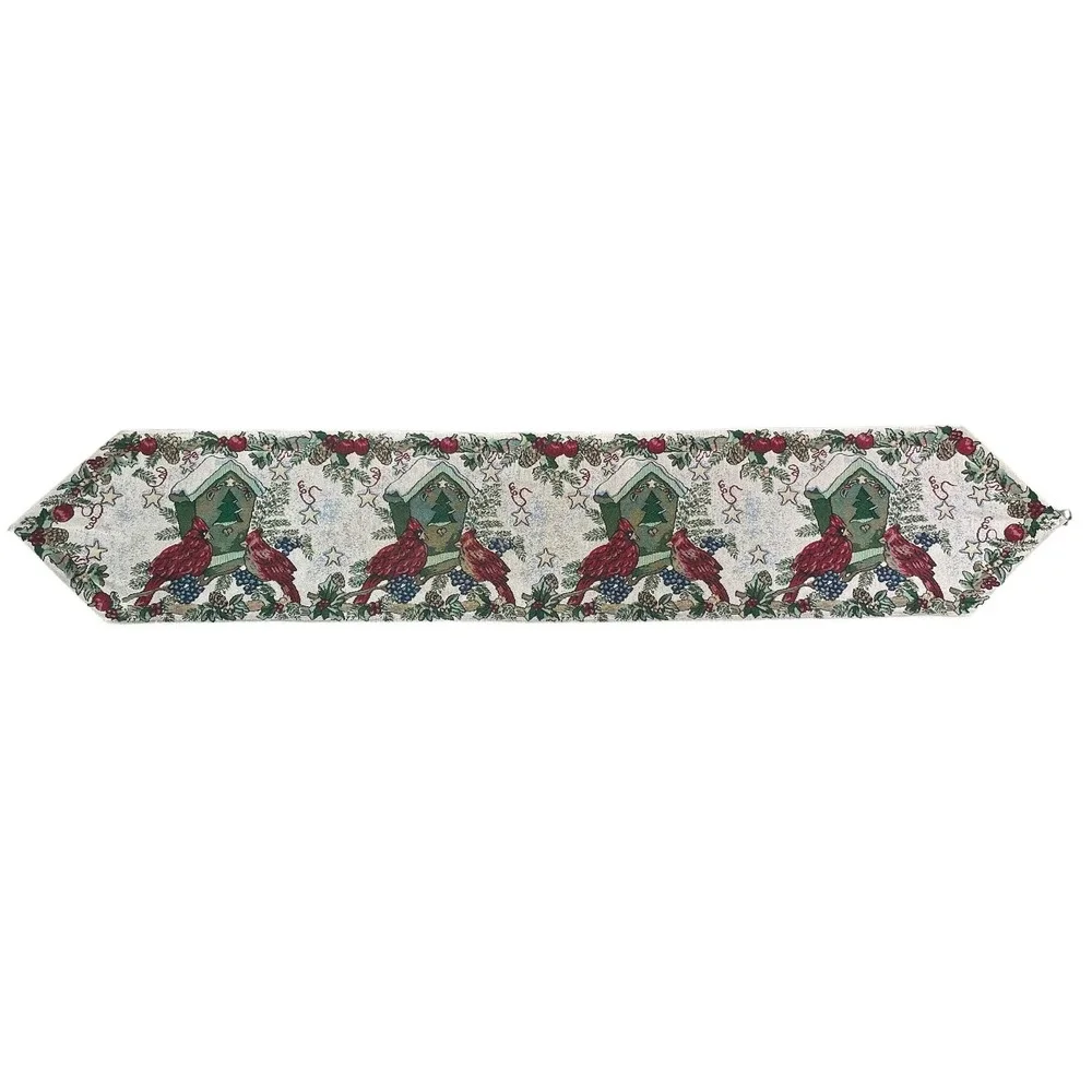 Christmas Cardinal Table‎ Runner Vintage Birdhouse Holly Red Birds Festive Decor